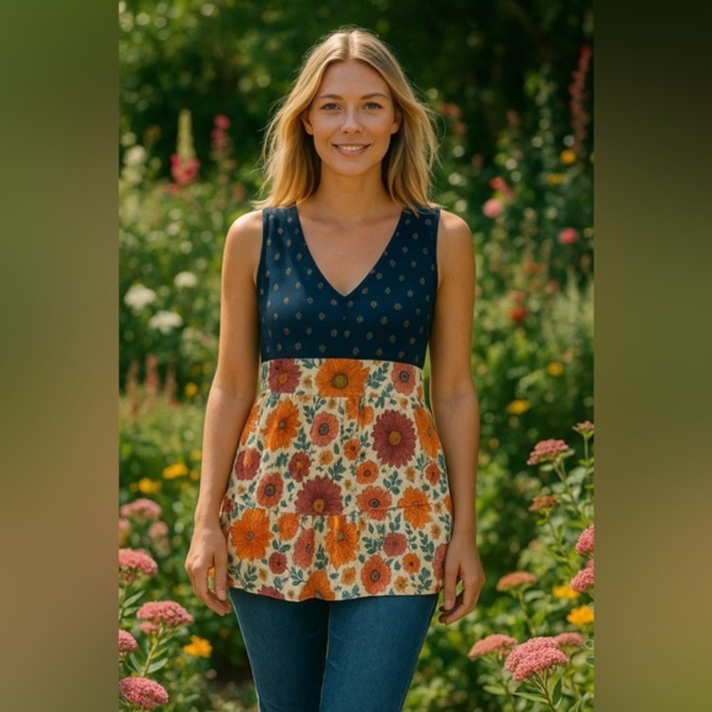 Floral Babydoll Tunic, Summer Festival - Navy Multi Matilda Jane Top GUC S #1006